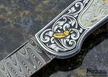 Joe Kious Custom Knife Damascus & Quartz Interframe Midlock Engraved by Giacomo Badillini - Image 2