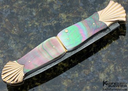 Ken Steigerwalt Custom Knife 18Kt Rose Gold, Black Lip Tahitian Pearl Shell & Jerry Rados "Turkish Twist" Damascus Automatic - Image 3