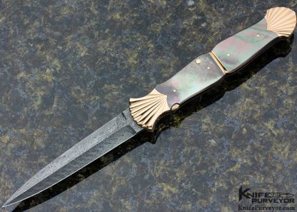 Ken Steigerwalt Custom Knife 18Kt Rose Gold, Black Lip Tahitian Pearl Shell & Jerry Rados "Turkish Twist" Damascus Automatic