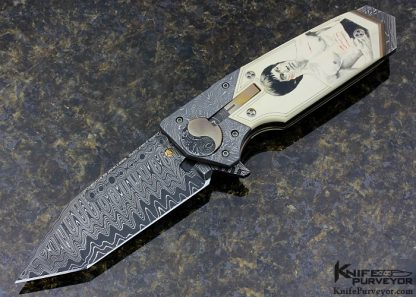 Allen Elishewitz Custom Knife "Bruce Lee" Scrimshawed by Gary Williams "Garbo" Damascus Automatic