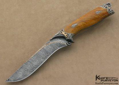 Alex Gev Custom Knife Sole Authorship Engraved Silver and Damasteel Damascus Presentation Hunter with 22Kt Gold Inlays with Reversible Clip