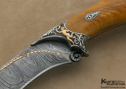 Alex Gev Custom Knife Sole Authorship Engraved Silver and Damasteel Damascus Presentation Hunter with 22Kt Gold Inlays with Reversible Clip - Image 2