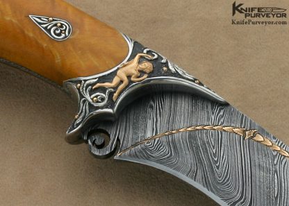 Alex Gev Custom Knife Sole Authorship Engraved Silver and Damasteel Damascus Presentation Hunter with 22Kt Gold Inlays with Reversible Clip - Image 5