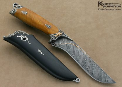 Alex Gev Custom Knife Sole Authorship Engraved Silver and Damasteel Damascus Presentation Hunter with 22Kt Gold Inlays with Reversible Clip - Image 4