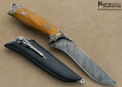 Alex Gev Custom Knife Sole Authorship Engraved Silver and Damasteel Damascus Presentation Hunter with 22Kt Gold Inlays with Reversible Clip - Image 3