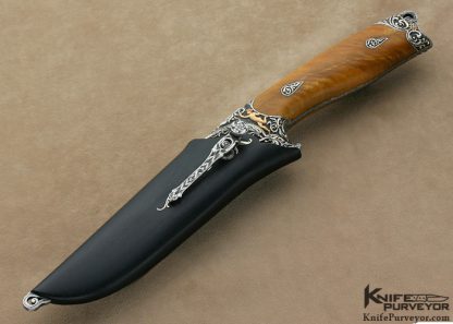 Alex Gev Custom Knife Sole Authorship Engraved Silver and Damasteel Damascus Presentation Hunter with 22Kt Gold Inlays with Reversible Clip - Image 6