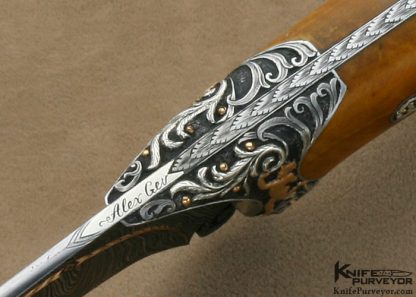 Alex Gev Custom Knife Sole Authorship Engraved Silver and Damasteel Damascus Presentation Hunter with 22Kt Gold Inlays with Reversible Clip - Image 9