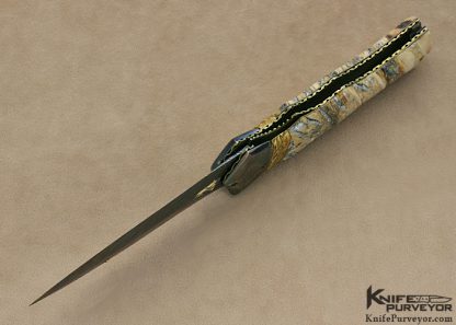 Arthur Whale Custom Knife Blued Chad Nichols Damascus, 22Kt Gold Plated Silver Spacer Linerlock Dagger Encrusted with 5 Diamonds Along Its Spine - Image 5