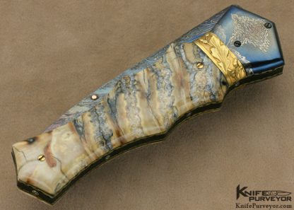 Arthur Whale Custom Knife Blued Chad Nichols Damascus, 22Kt Gold Plated Silver Spacer Linerlock Dagger Encrusted with 5 Diamonds Along Its Spine - Image 3