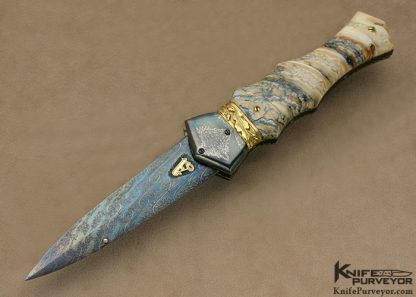 Arthur Whale Custom Knife Blued Chad Nichols Damascus, 22Kt Gold Plated Silver Spacer Linerlock Dagger Encrusted with 5 Diamonds Along Its Spine