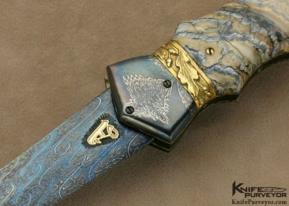 Arthur Whale Custom Knife Blued Chad Nichols Damascus, 22Kt Gold Plated Silver Spacer Linerlock Dagger Encrusted with 5 Diamonds Along Its Spine - Image 2