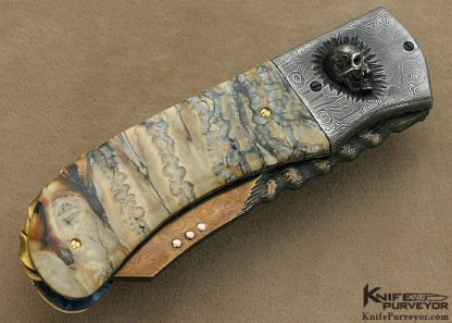 Arthur Whale Custom Knife Blued Carved Damascus, Damascus Bolsters with Steel Skulls  Recurved Utility Linerlock - Image 3