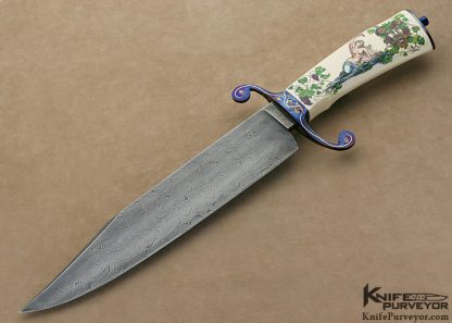 Bailey Bradshaw Custom Knife Sole Authorship Engraved Damascus Bowie Scrimshawed by Sandra Brady