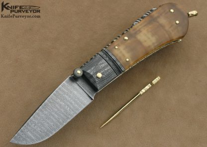 Barry Davis Custom Knife Sole Authorship Damascus Lockback with 14Kt Gold Pins, Bale & Toothpick