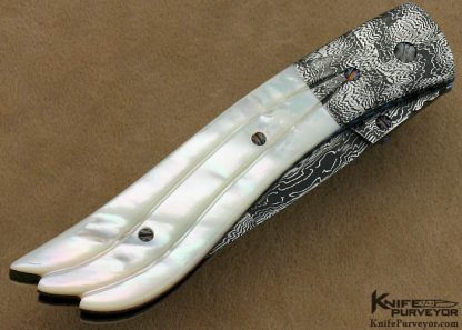 Barry Gallagher Custom Knife Sole Authorship Mosaic Damascus & Fluted Mother of Pearl Shell Linerlock - Image 3