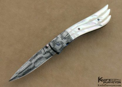 Barry Gallagher Custom Knife Sole Authorship Mosaic Damascus & Fluted Mother of Pearl Shell Linerlock