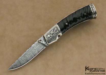 Bill McHenry Custom Knife Sole Authorship Engraved Silver, Damascus & Kudu Horn Linerlock