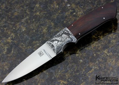 Bob Lum Custom Knife Engraved Desert Ironwood Drop Point Hunter with Paul Long Sheath