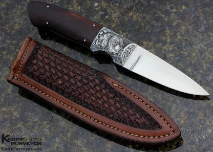 Bob Lum Custom Knife Engraved Desert Ironwood Drop Point Hunter with Paul Long Sheath - Image 4