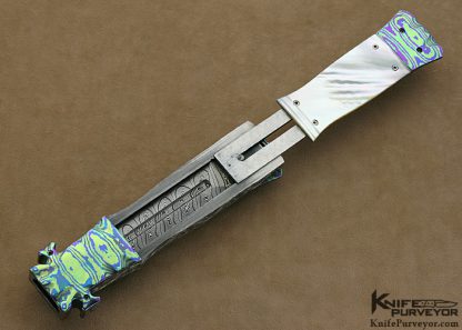 Butch Vallotton Custom Knife Engraved Damascus, Mother of Pearl Shell & Anodized Timascus "VIPER" OTF - Image 4