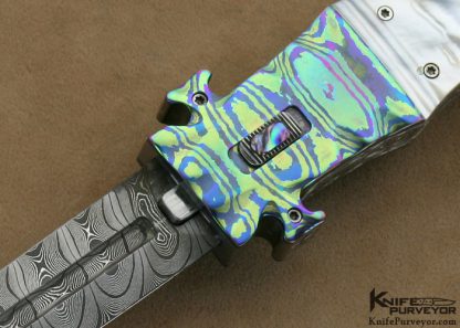 Butch Vallotton Custom Knife Engraved Damascus, Mother of Pearl Shell & Anodized Timascus "VIPER" OTF - Image 2