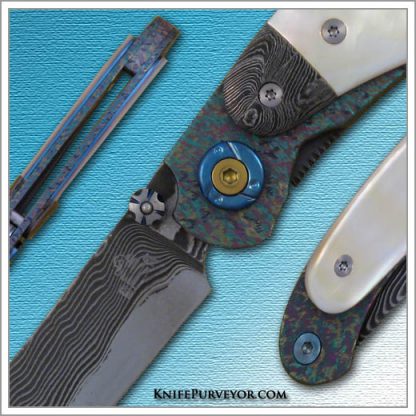 Captain B. Koyama's Custom Knife: San Mai Damascus Framelock with Mother of Pearl and Damascus Overlays - Image 2