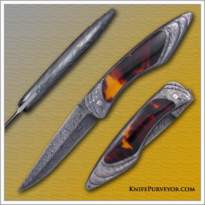 Charles Bennica's Custom Knife Chrysalide 3 Linerlock with Exotic Material and Carved Claude Schosseler Carbon Damascus