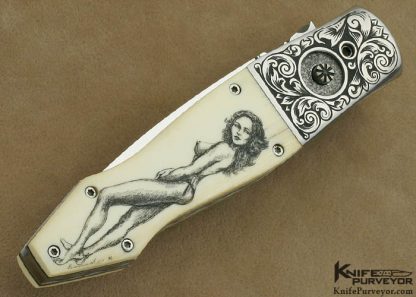 Charlie Dake Custom Knife Billy Bates Engraved Antique Elephant Ivory Button Release Auto Scrimmed by Lynn Benade - Image 3