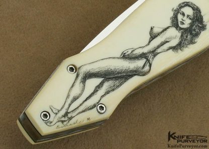 Charlie Dake Custom Knife Billy Bates Engraved Antique Elephant Ivory Button Release Auto Scrimmed by Lynn Benade - Image 5