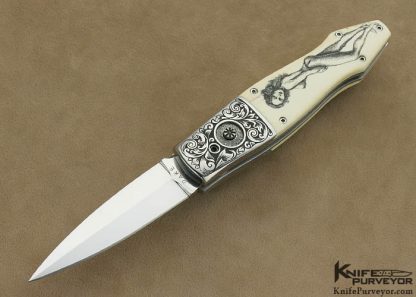 Charlie Dake Custom Knife Billy Bates Engraved Antique Elephant Ivory Button Release Auto Scrimmed by Lynn Benade