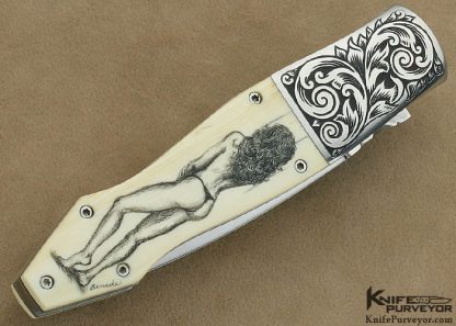 Charlie Dake Custom Knife Billy Bates Engraved Antique Elephant Ivory Button Release Auto Scrimmed by Lynn Benade - Image 4