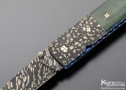 Cliff Parker Custom Knife Sole Authorship "Celestial" Mosaic Damascus & Mammoth Linerlock - Image 2