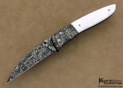 Cliff Parker Custom Knives Mother of Pearl Shell & Sole Authorship Mosaic Damascus Linerlock