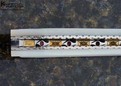 Vernie Reed Custom Knife Hot Blued Robert Eggerling Damascus and Carved Mother of Pearl Shell with Gems Inlayed Linerlock - Image 6