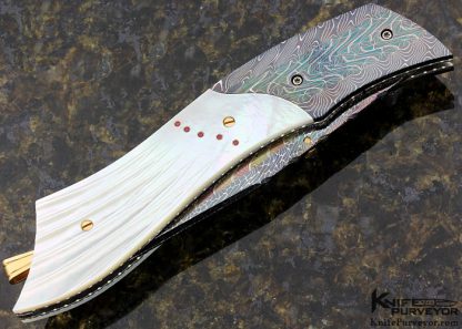 Vernie Reed Custom Knife Hot Blued Robert Eggerling Damascus and Carved Mother of Pearl Shell with Gems Inlayed Linerlock - Image 3