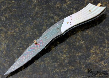 Vernie Reed Custom Knife Hot Blued Robert Eggerling Damascus and Carved Mother of Pearl Shell with Gems Inlayed Linerlock