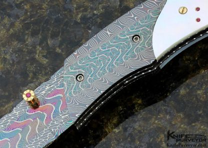 Vernie Reed Custom Knife Hot Blued Robert Eggerling Damascus and Carved Mother of Pearl Shell with Gems Inlayed Linerlock - Image 2