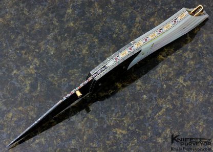 Vernie Reed Custom Knife Hot Blued Robert Eggerling Damascus and Carved Mother of Pearl Shell with Gems Inlayed Linerlock - Image 4