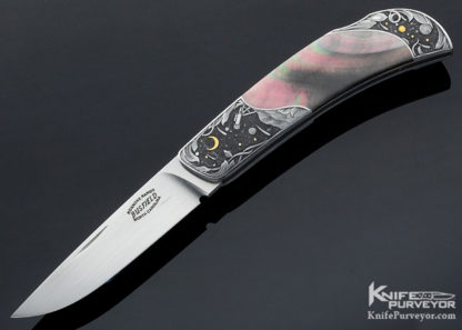 Jack Busfield Custom Knife Black Lip Pearl Lockback â€œStarsâ€ Dan Wilkenson Engraved Black Lip Tahitian Pearl Shell w/ Gold 10189 Open