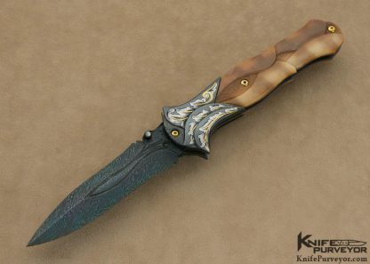 David Broadwell Custom Knife Engraved by Ray Cover Jr. Blued and Carved Damascus wtih Carved Fossilized Walrus Ivory Linerlock