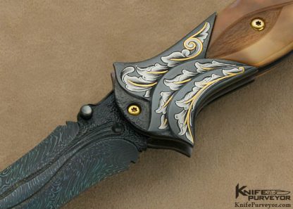 David Broadwell Custom Knife Engraved by Ray Cover Jr. Blued and Carved Damascus wtih Carved Fossilized Walrus Ivory Linerlock - Image 2