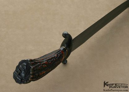 David Lisch Custom Knife Sole Authorship Damascus & Amber Stag "Chief Feather" Fighter - Image 7