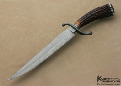 David Lisch Custom Knife Sole Authorship Damascus & Amber Stag "Chief Feather" Fighter