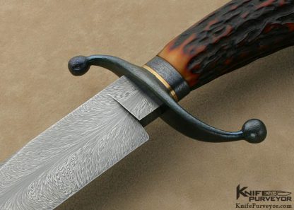 David Lisch Custom Knife Sole Authorship Damascus & Amber Stag "Chief Feather" Fighter - Image 2