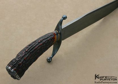 David Lisch Custom Knife Sole Authorship Damascus & Amber Stag "Chief Feather" Fighter - Image 5