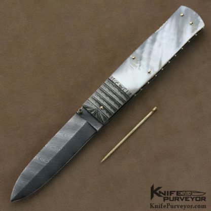 Barry Davis Custom Knife Sole Authorship Damascus & Mother of Pearl Lockback Dagger with a 14 Kt Gold Toothpick