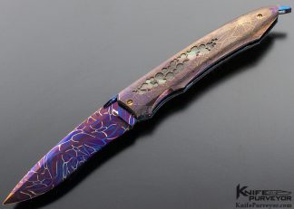 Deryk Munroe Custom Knife One of a Kind "Adept" Black Lip Pearl and Blued Sole Authorship Damascus Linerlock 9126