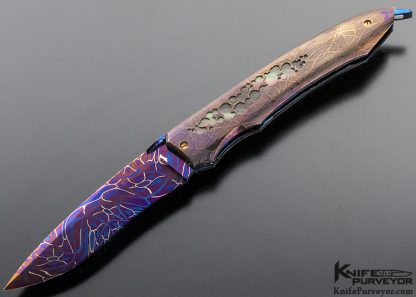 Deryk Munroe Custom Knife One of a Kind "Adept" Black Lip Pearl and Blued Sole Authorship Damascus Linerlock 9126