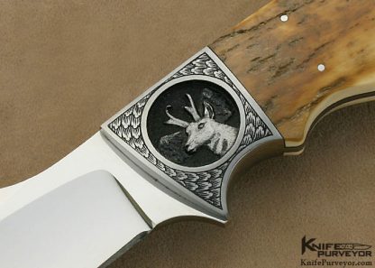 D'Alton Holder Custom Knife Mammoth Ivory "Clip Blade Finger Groove Hunter" Engraved by Bruce Shaw "Antelope" - Image 2