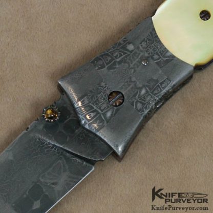 Al Dippold Custom Knife South Sea Goldlip Pearl & Sole Authorship Mosaic Damascus Linerlock - Image 2